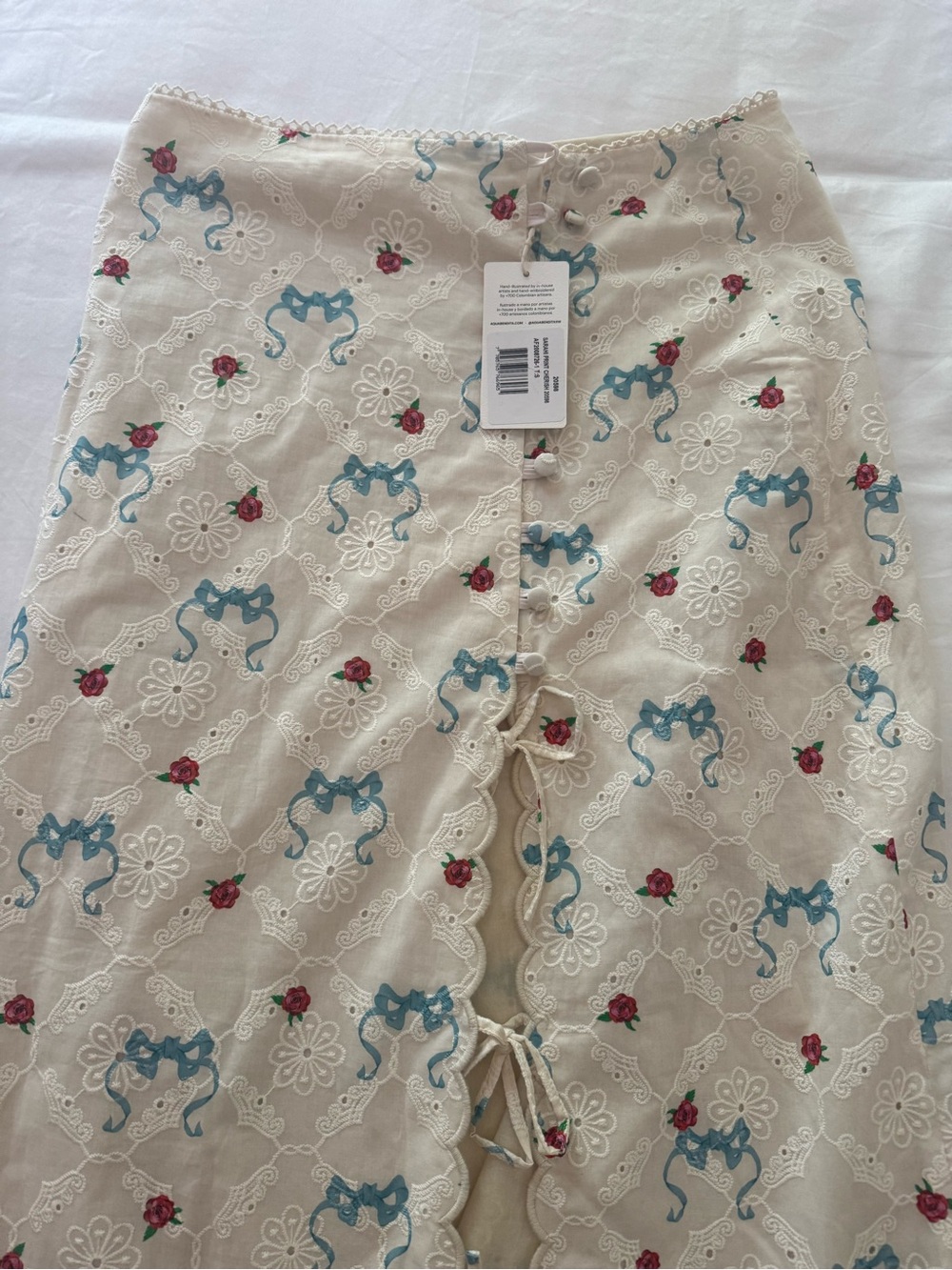 Agua Bendita White Eyelet Maxi Skirt with Blue & Red Floral Motif - Picture 9 of 10